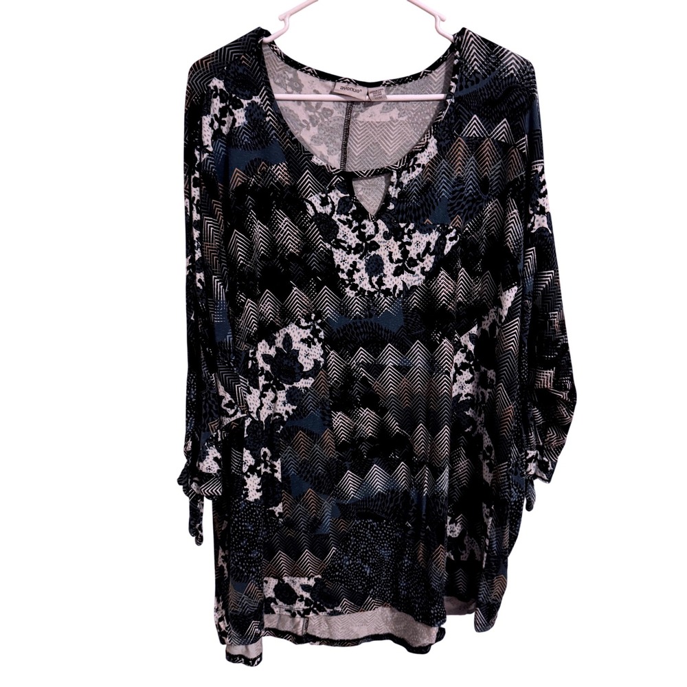 Avenue‎ Womens Plus Size 22/24 Blue Geometric Floral Keyhole Dolman Sleeve Top